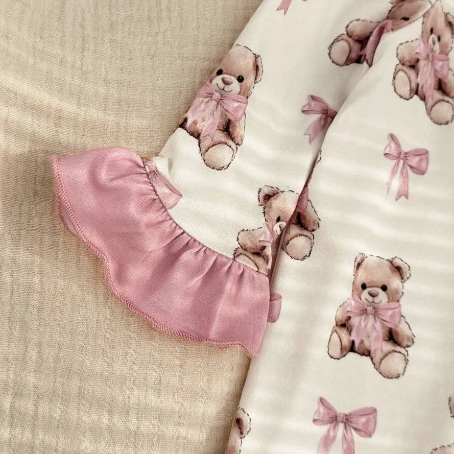 2PCS Gorgeous Bear Print Ruffle Zipper Baby Jumpsuit