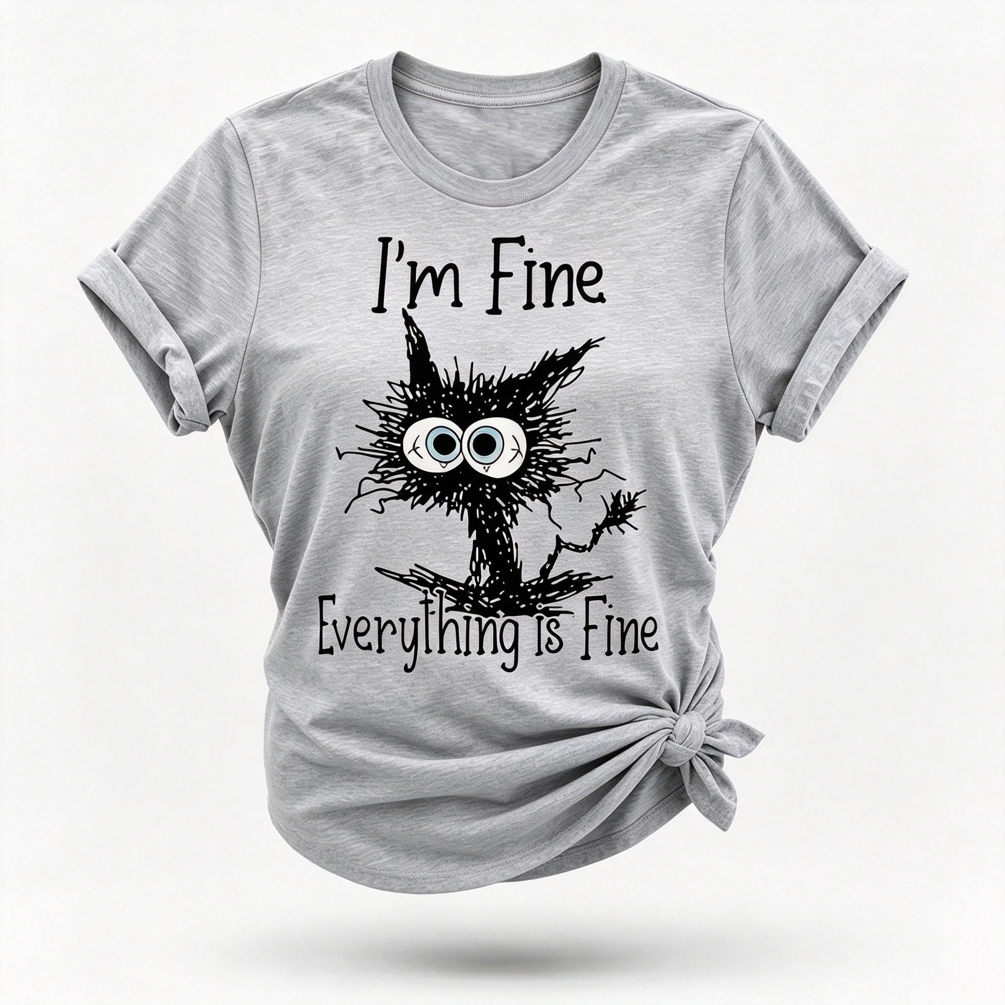 Estou bem, tudo está bem, camiseta feminina com slogan e estampa de gato