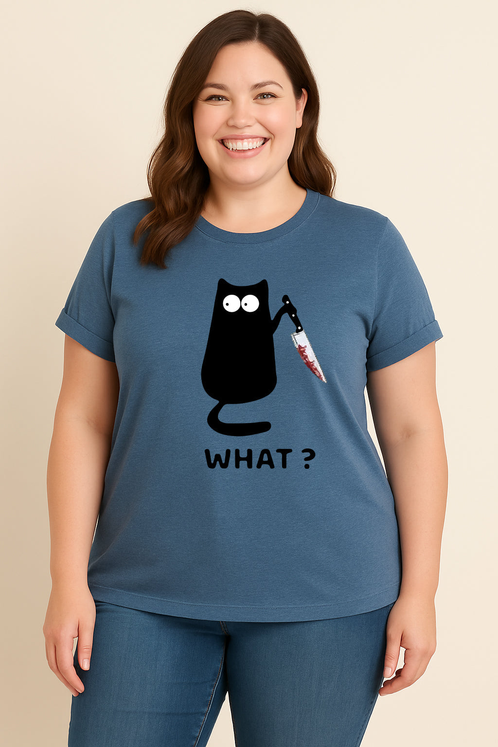 What? Hot Sale Funny Cat Printed Fashion Plus Size T-Shirt