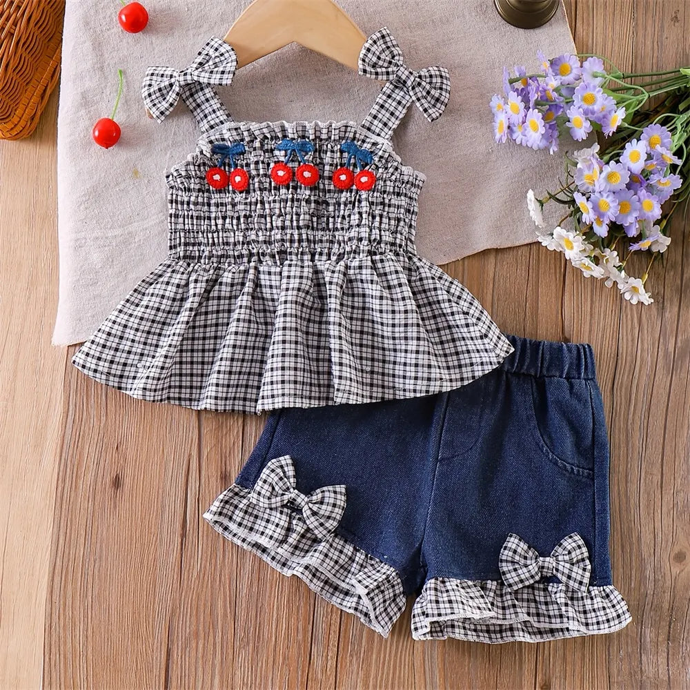 2PCS Sweet Cherry Embroidery Plaid Print Denim Baby Set