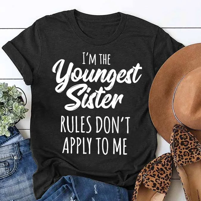I Am The Youngest Sister Fashion Letter Print Women Slogan Plus Size T-Shirt