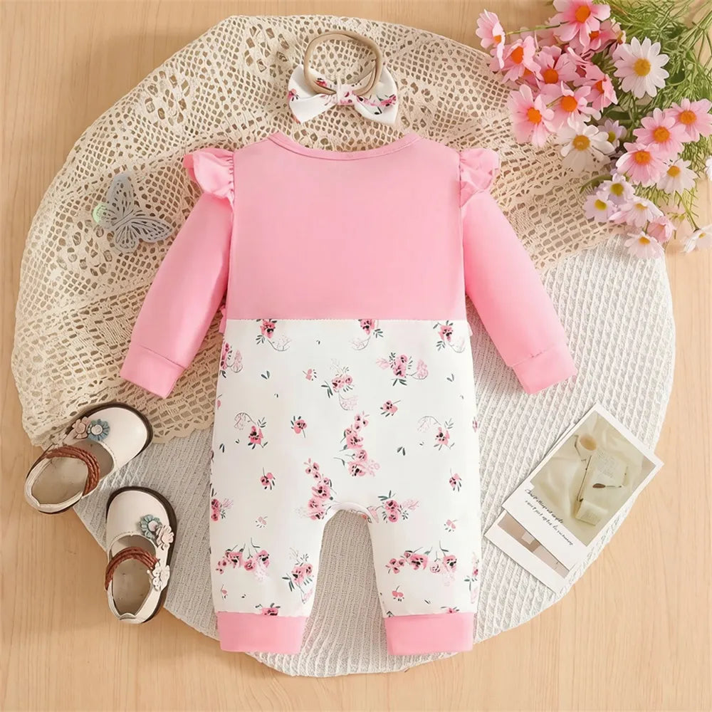 2PCS Elegant Floral Print Ruffle Long Sleeve Baby Jumpsuit