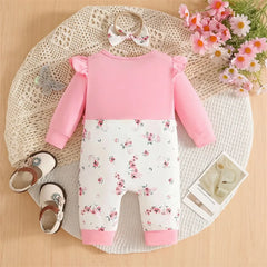 2PCS Elegant Floral Print Ruffle Long Sleeve Baby Jumpsuit