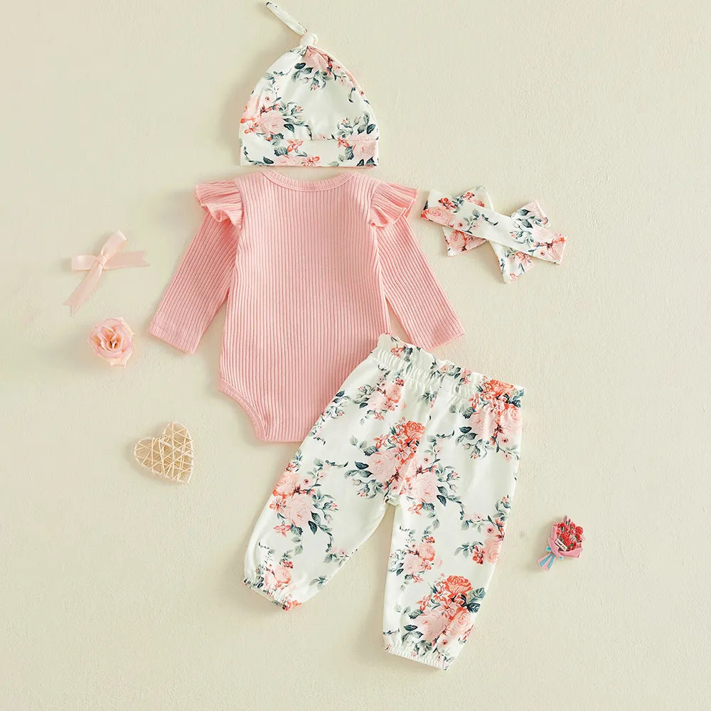 4PCS My Aunt Is Cooler Than My Dad Letter Floral Print Baby Set