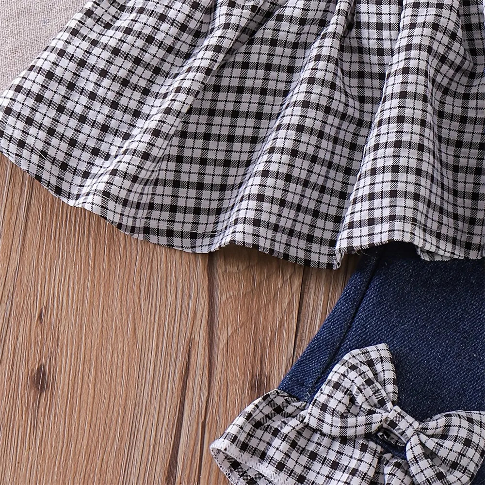 2PCS Sweet Cherry Embroidery Plaid Print Denim Baby Set