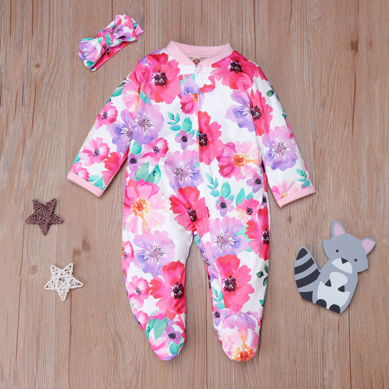 Lovely Full Floral Printed Pajamas With Headband
