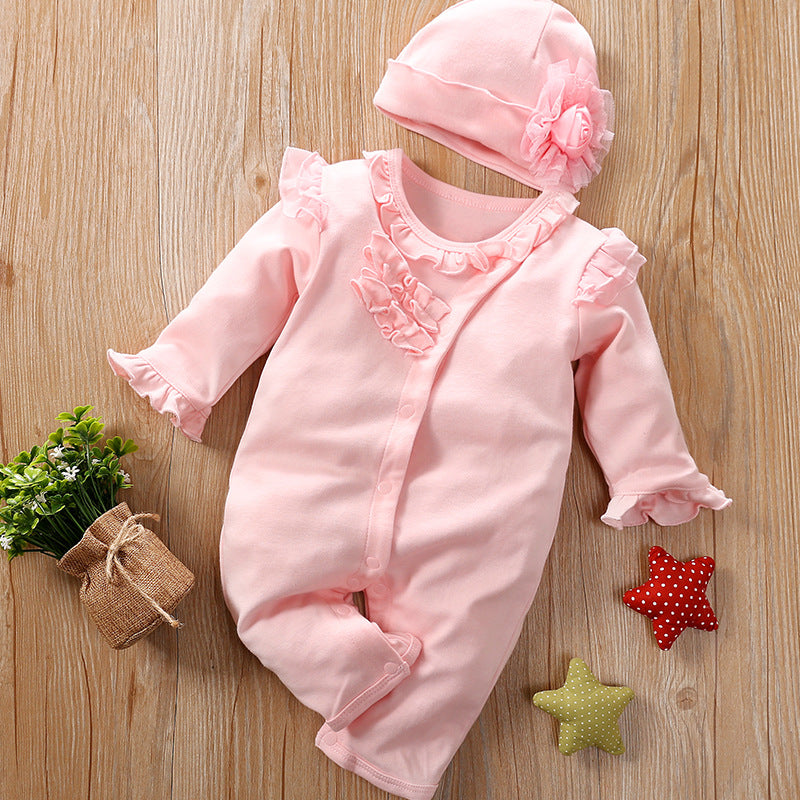 2PCS Lovely Fold Edge Solid Printed Long-sleeve Baby Jumpsuit With Hat