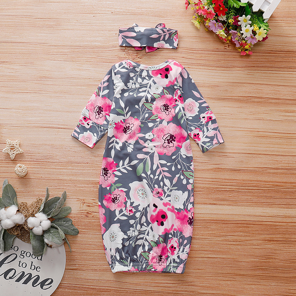 2PCS Baby NewBorn Lovely Floral Print Pajamas and Headband