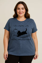 Coffee Cat Book Letter Print Women Slogan Plus Size T Shirt