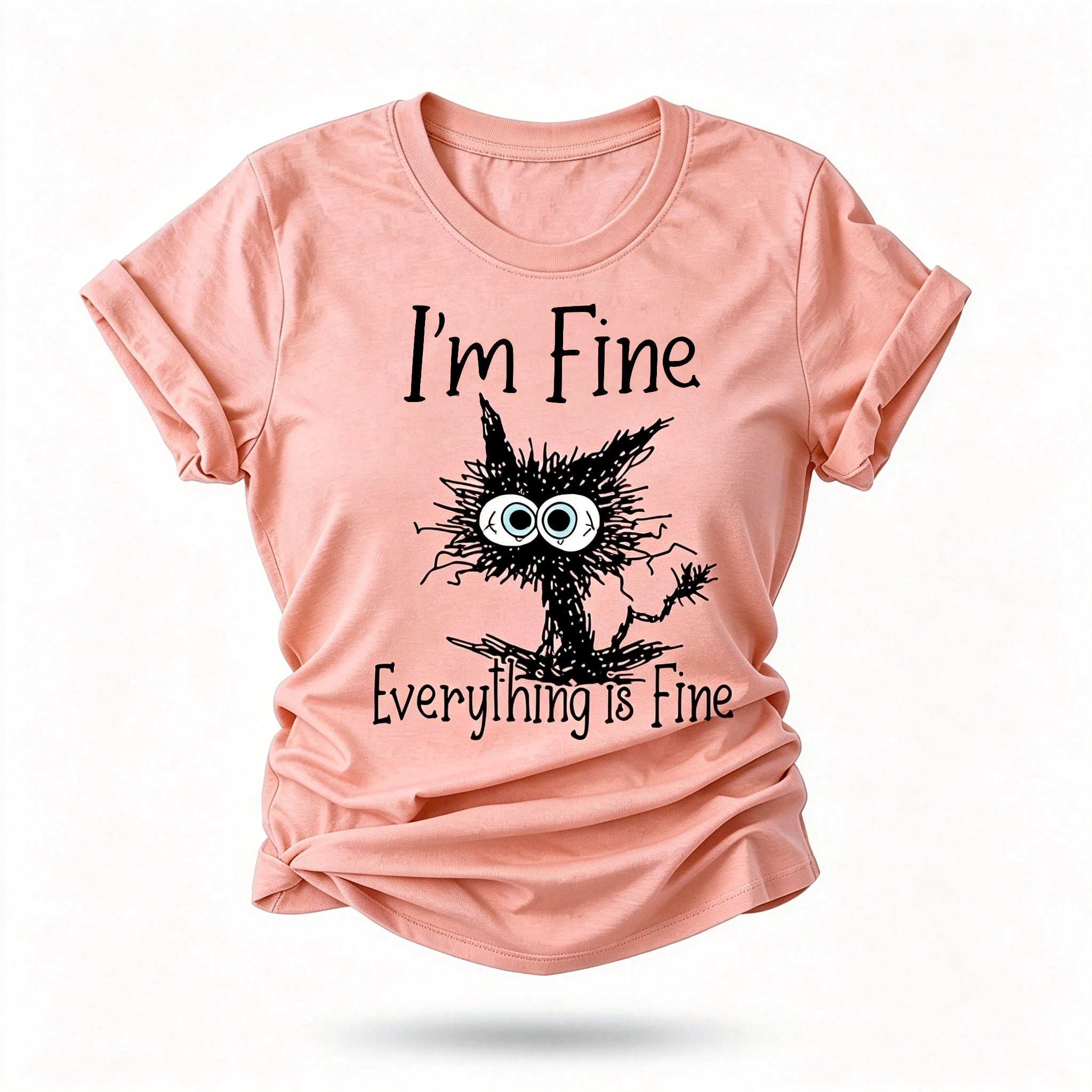 Estou bem, tudo está bem, camiseta feminina com slogan e estampa de gato