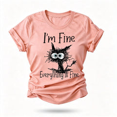 Estou bem, tudo está bem, camiseta feminina com slogan e estampa de gato