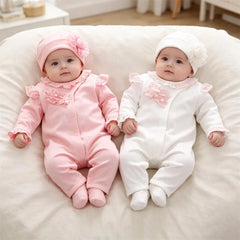 2PCS Lovely Fold Edge Solid Printed Long-sleeve Baby Jumpsuit With Hat