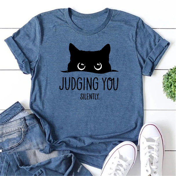 Judging You Slilently Cat Print Women Slogan Plus Size T-shirt