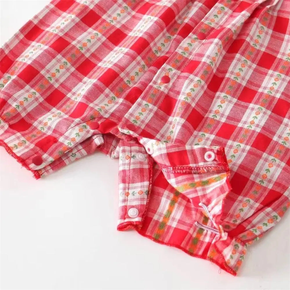 2PCS Pretty Plaid Floral Print Flutter Sleeve Baby Jumpsuit
