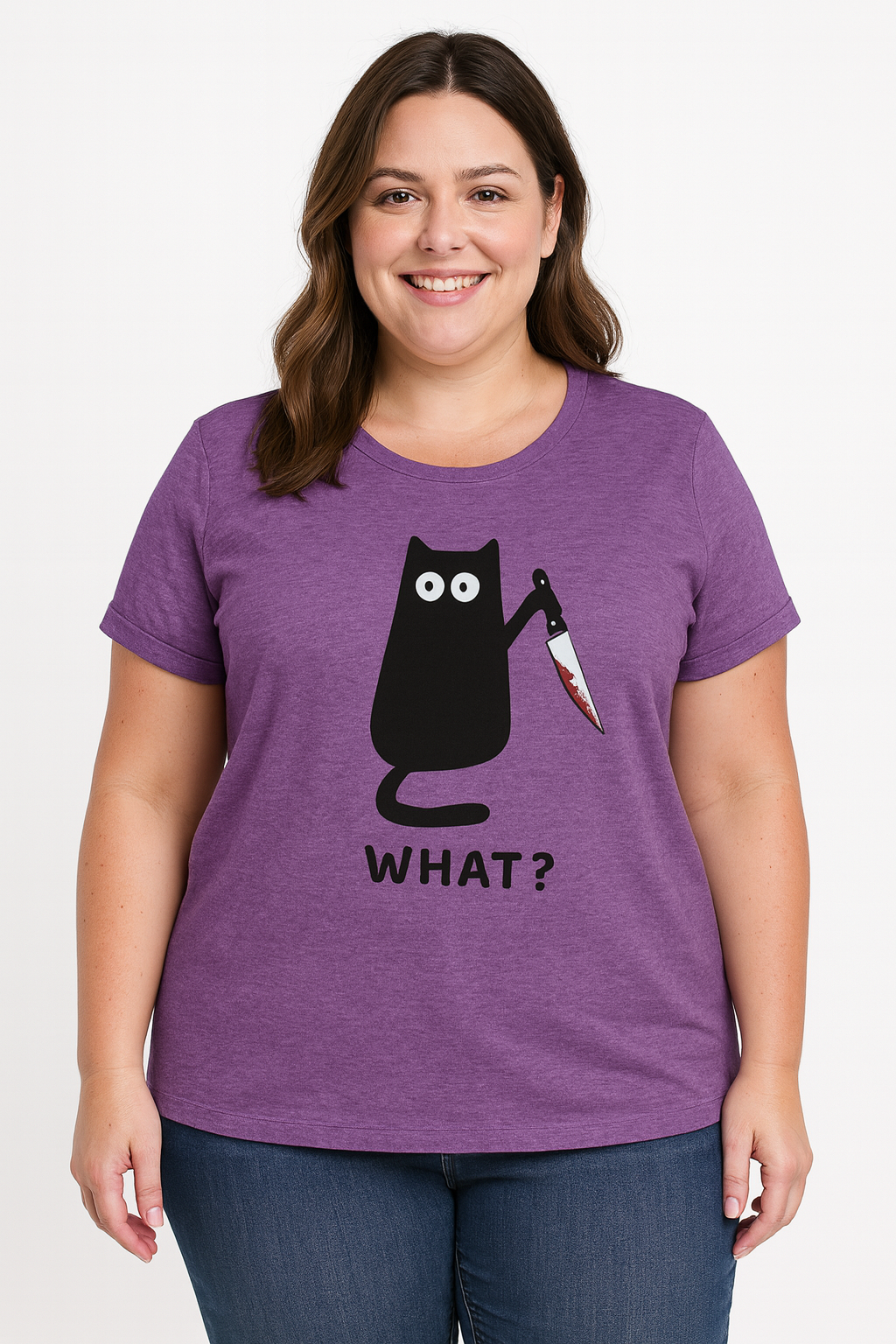 What? Hot Sale Funny Cat Printed Fashion Plus Size T-Shirt