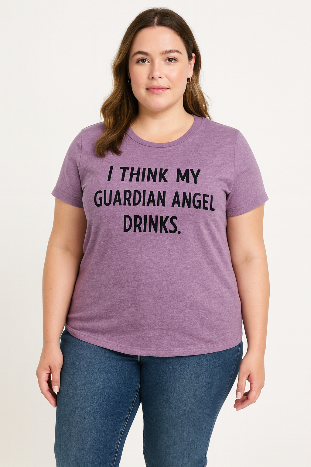 I Think My Guardian Angel Drinks Print Women Slogan Plus Size T-Shirt