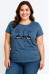 Cat Cartoon Print Cotton Plus Size T-shirt