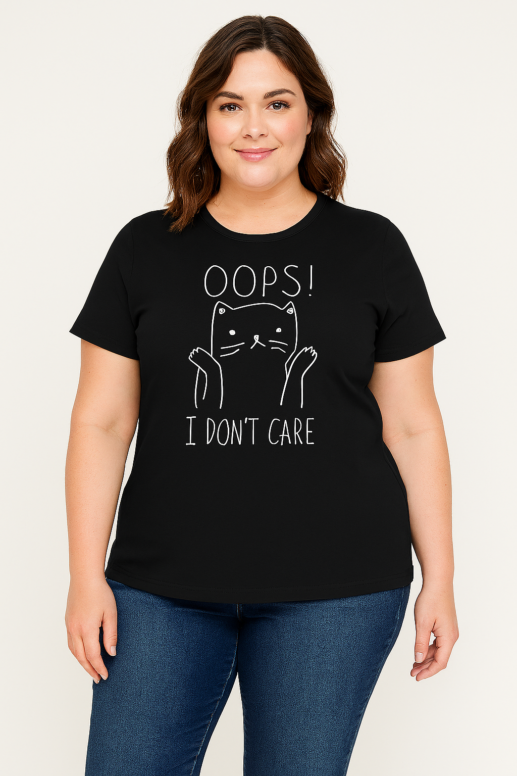 OOPS I DON´T CARE Cat Print Plus Size T-Shirt