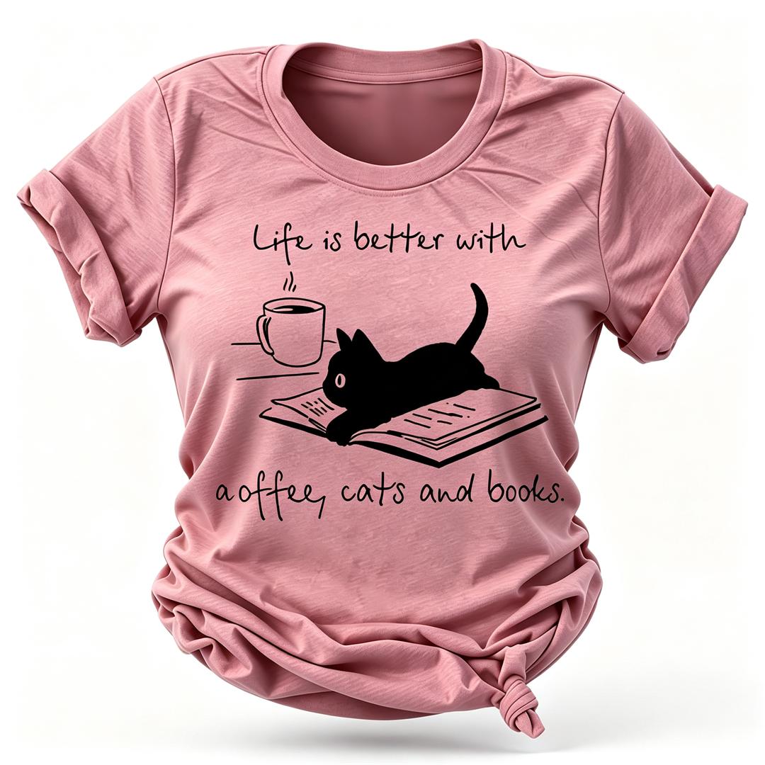 Coffee Cat Book Letter Print Women Slogan T Shirt