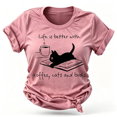 Coffee Cat Book Letter Print Women Slogan T Shirt