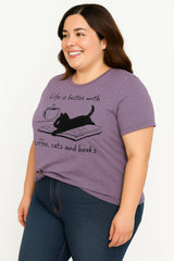 Coffee Cat Book Letter Print Women Slogan Plus Size T Shirt