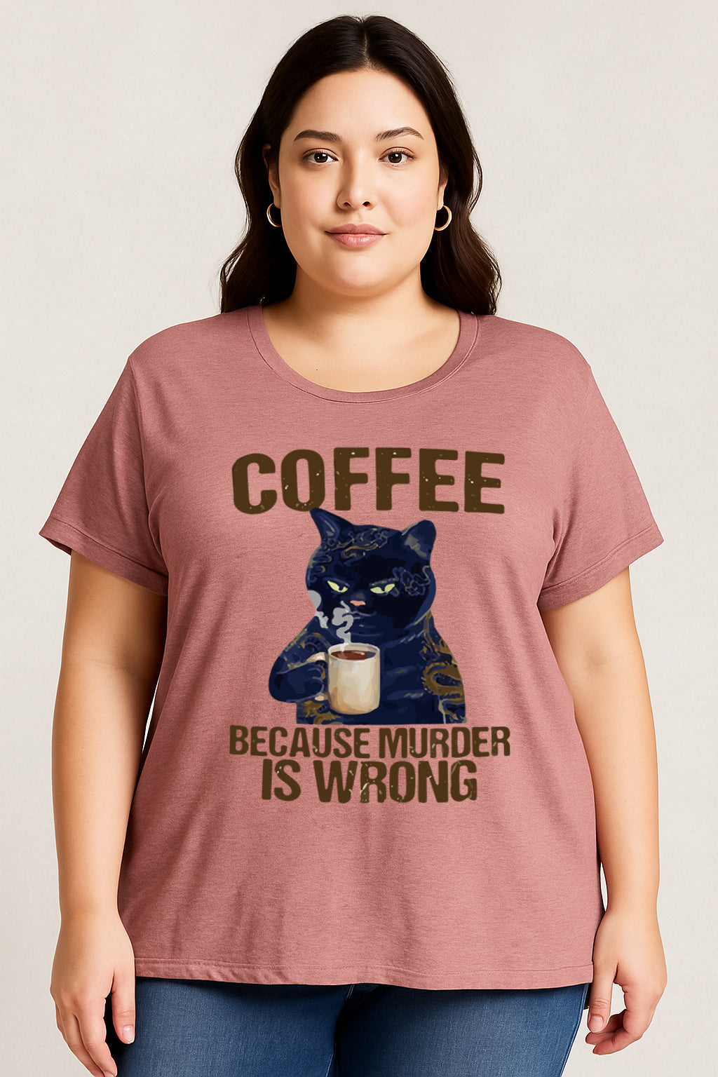 Cat Drinking Coffee Graphic Print Plus Size T-shirt