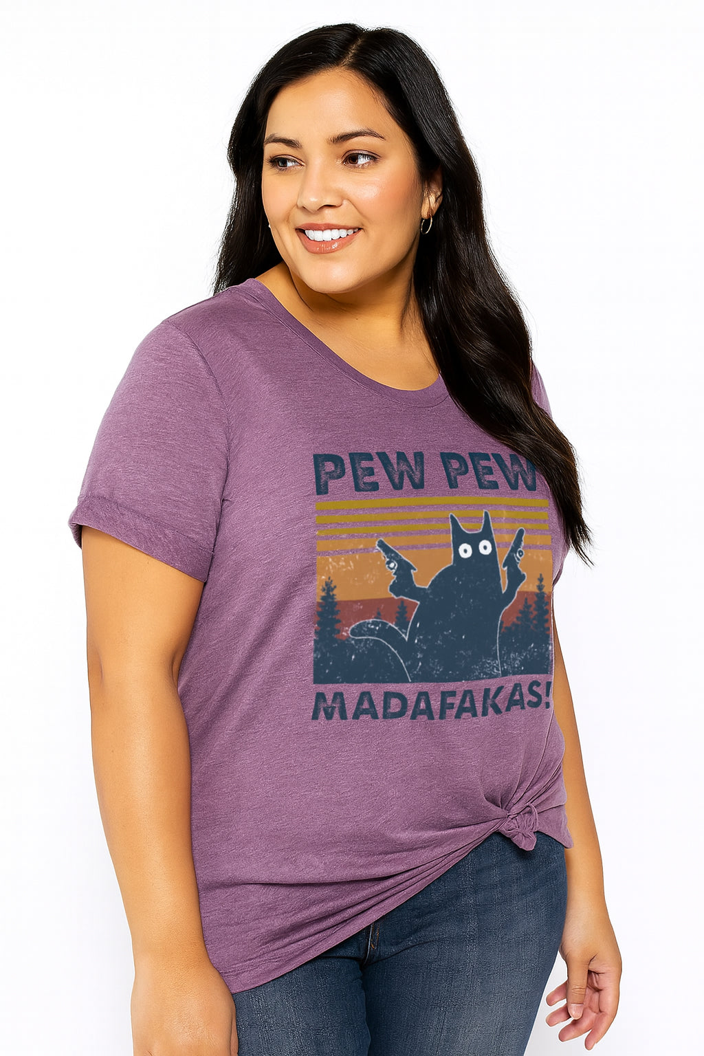 Pew Pew Cat Graphic Printed Plus Size Tee
