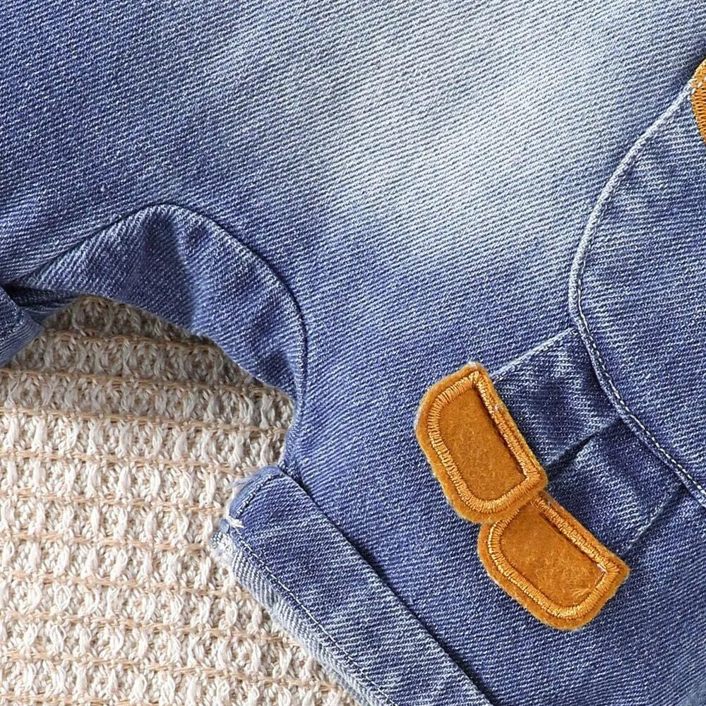 2PCS Cute Animal Printed Top And Embroidered Denim Overalls Baby Set