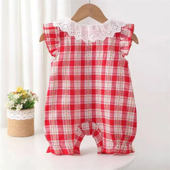 2PCS Pretty Plaid Floral Print Flutter Sleeve Baby Jumpsuit