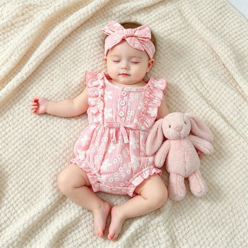 2PCS Summer Floral Printed Sleeveless Baby Romper