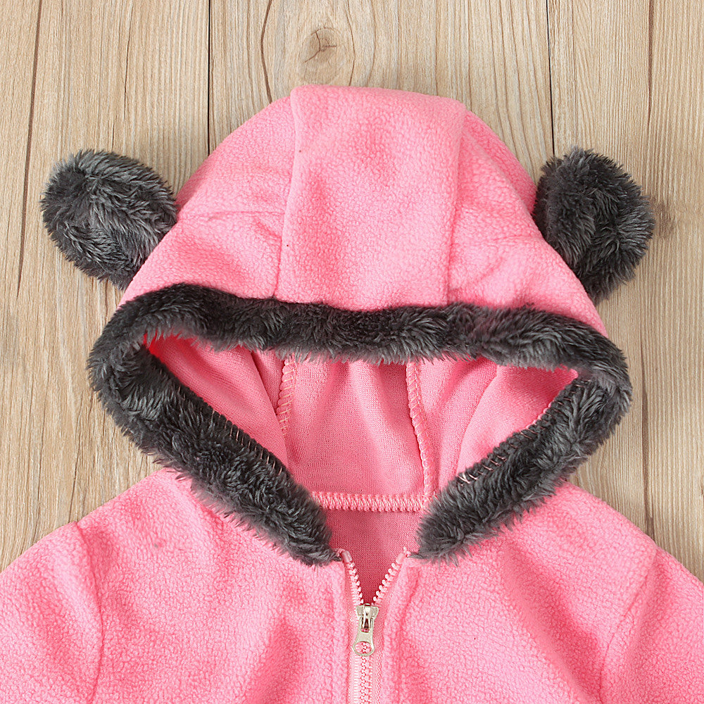 Newborn Baby Boy Girl Solid Color Cartoon 3D Bear Ear Long Sleeve Velvet Hoodie Jumpsuit