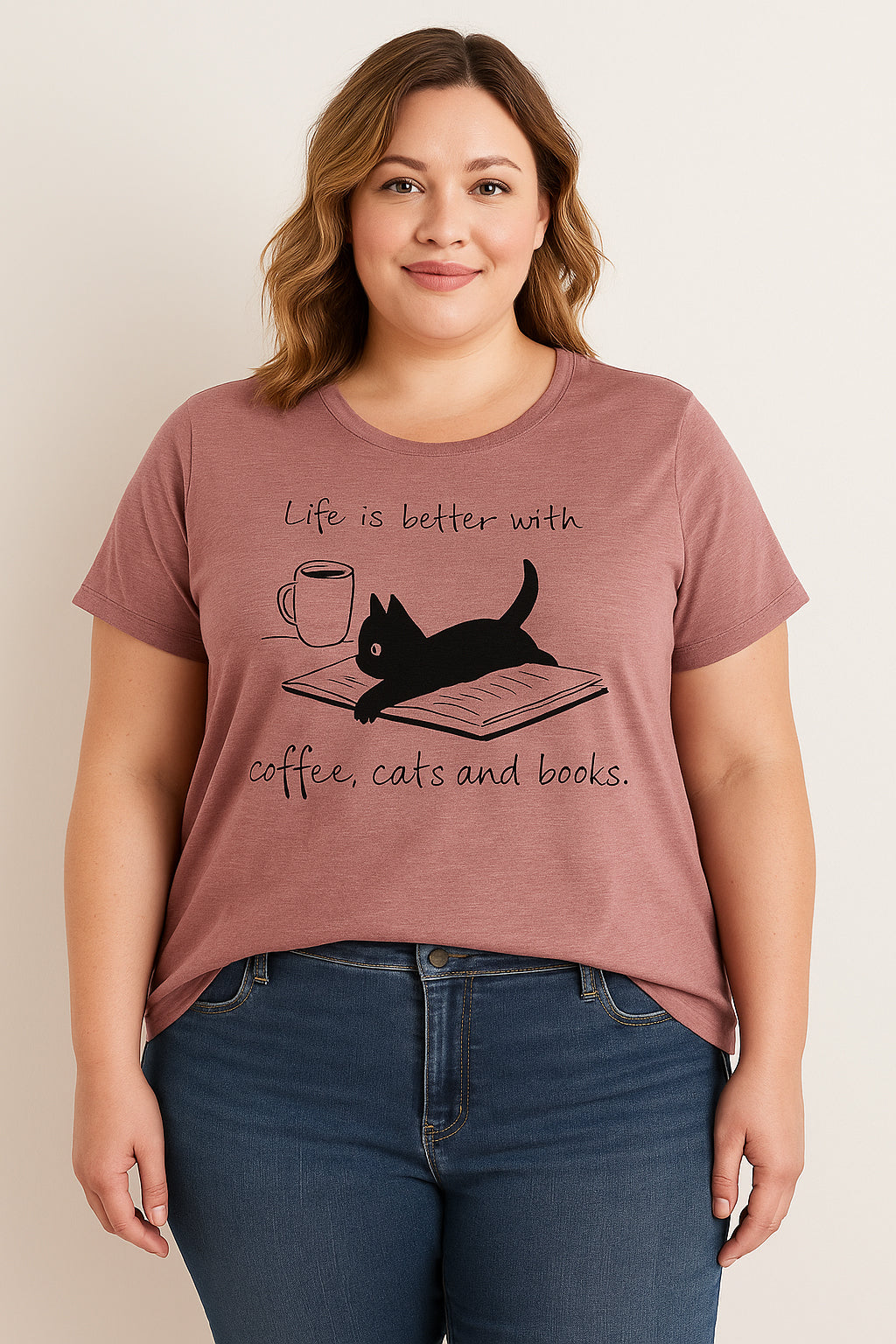 Coffee Cat Book Letter Print Women Slogan Plus Size T Shirt