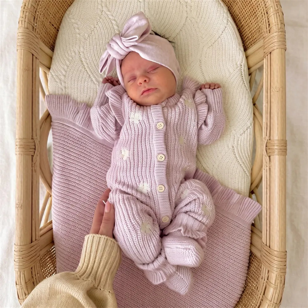 2PCS Cheerful Floral Embroidery Knit Long Sleeve Baby Jumpsuit