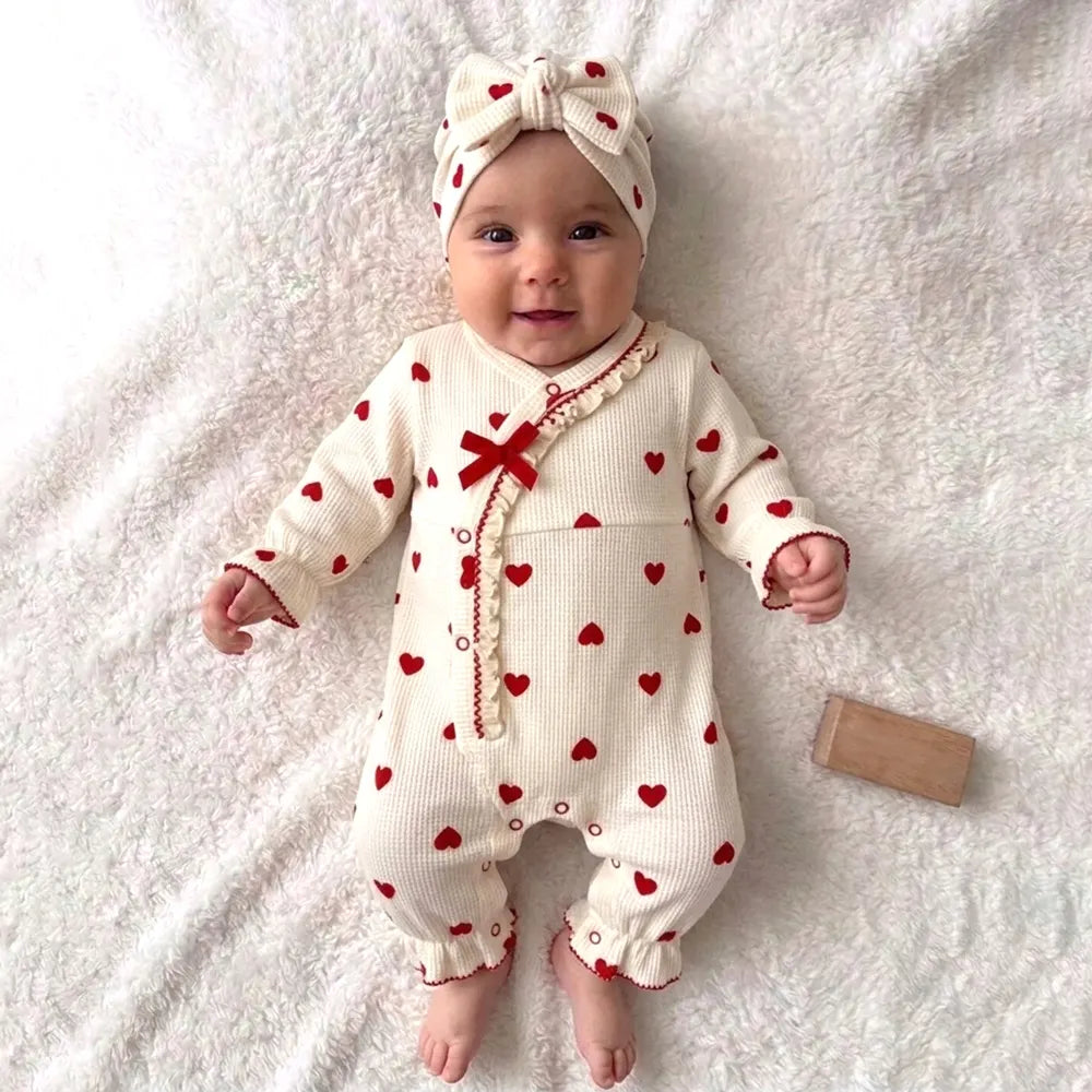 2PCS Delightful Heart Print Long Sleeve Ruffle Baby Jumpsuit