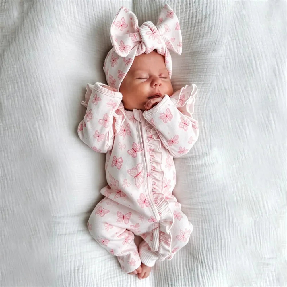 2PCS Graceful Butterfly Printed Long Sleeve Zipper Baby Jumpsuit