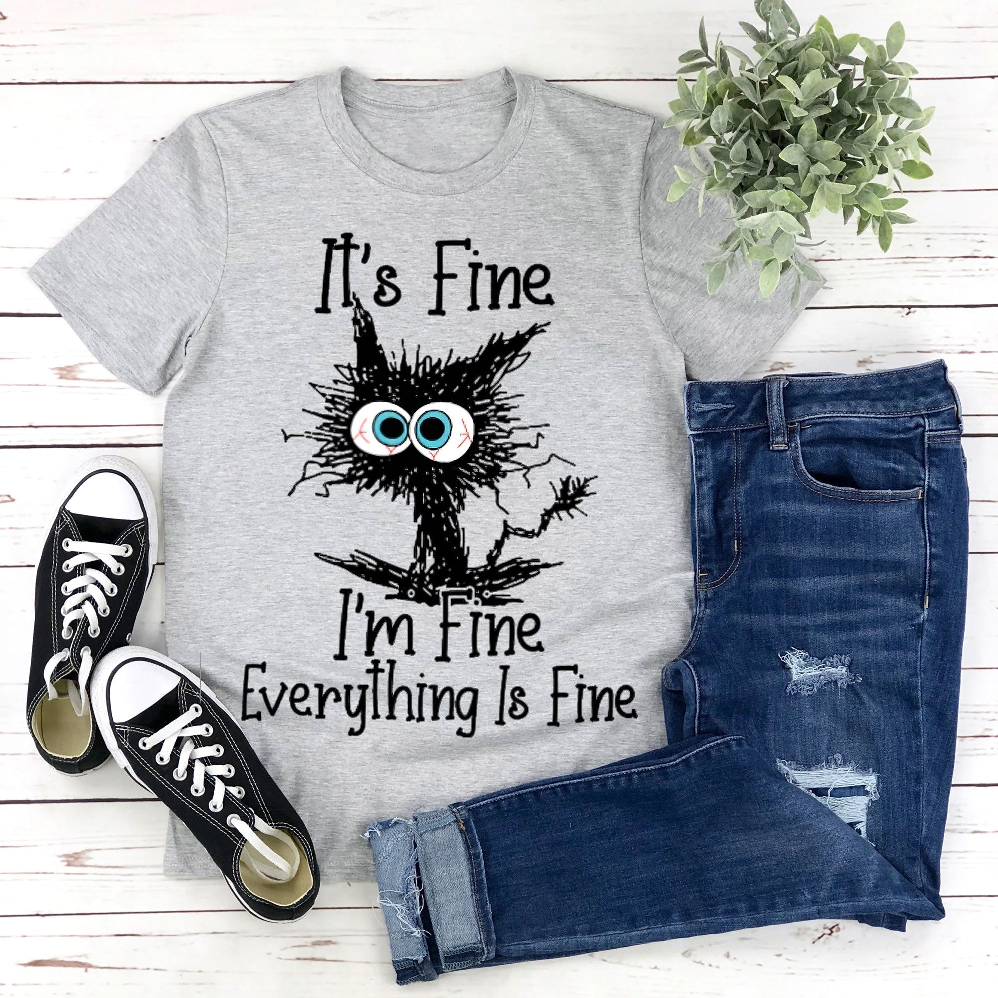 Está tudo bem, estou bem, camiseta com slogan feminino com estampa de gato