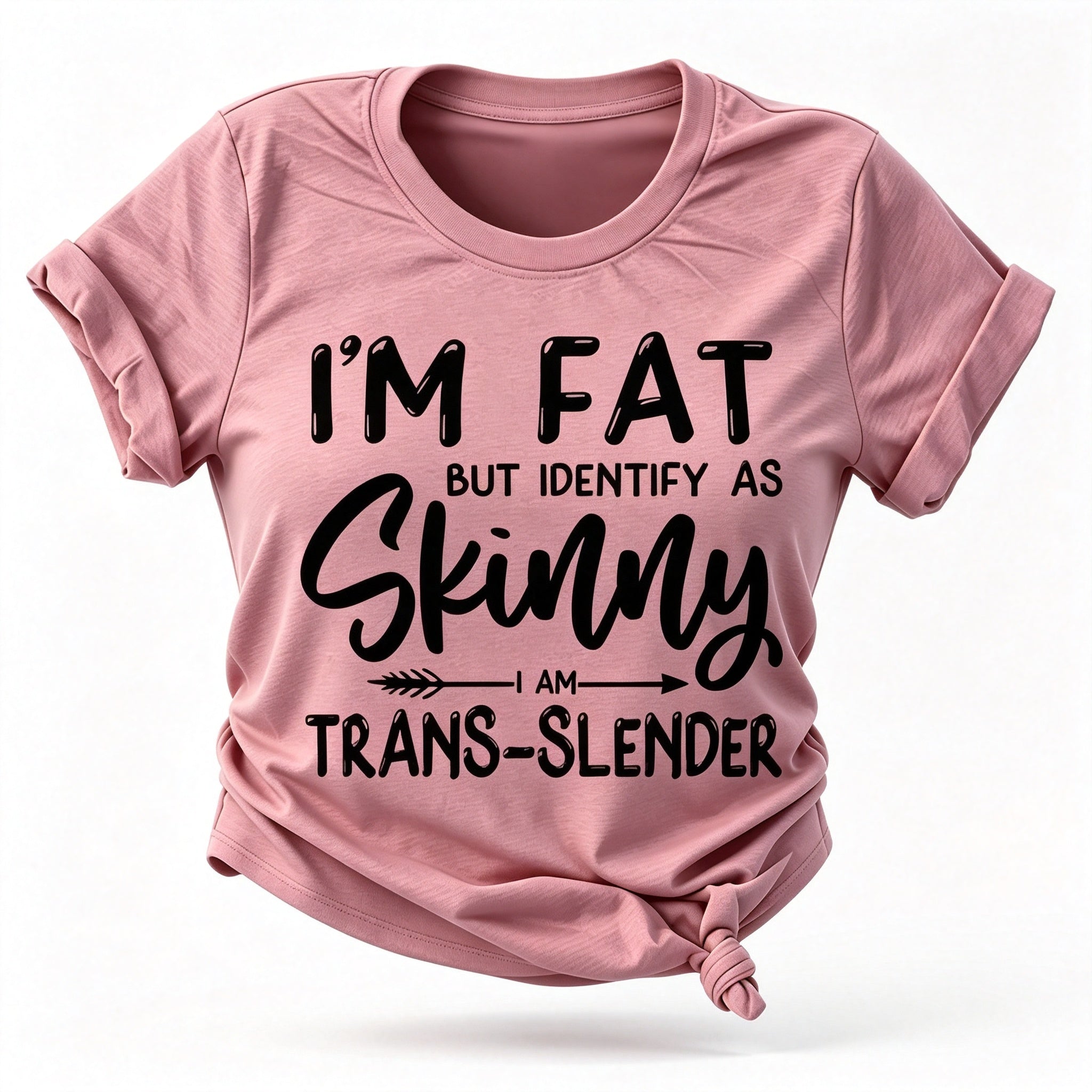 Camiseta feminina com slogan magro, mas me identifico como magra 