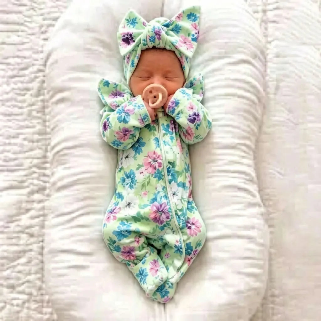 2PCS Lovely Floral Print Long Sleeve Zipper Baby Girl Jumpsuit