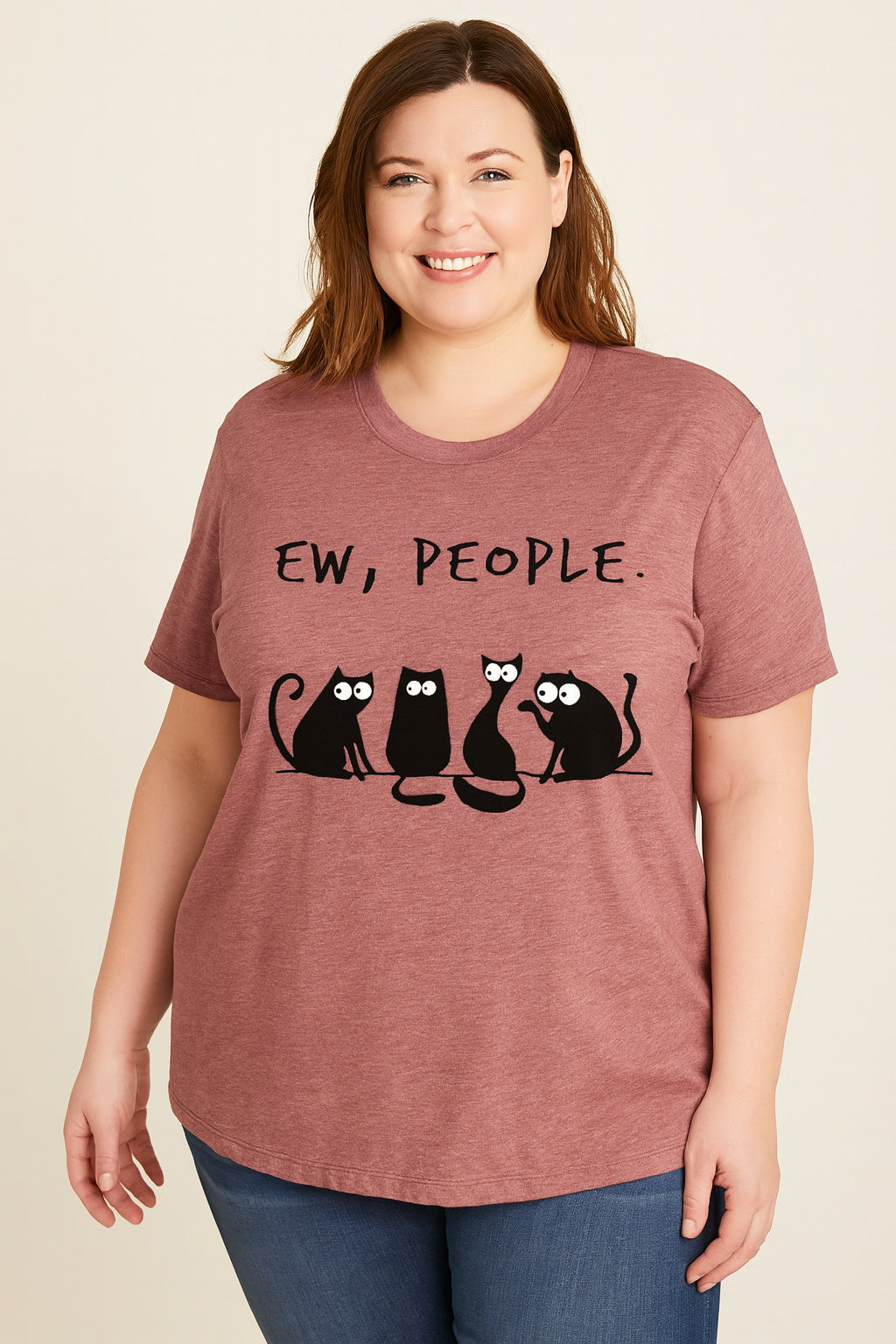 Ew People Cat Cartoon Print Cotton Plus Size T-Shirt