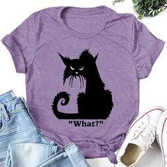 O que? Linda camiseta com slogan feminino com estampa de gato irritado