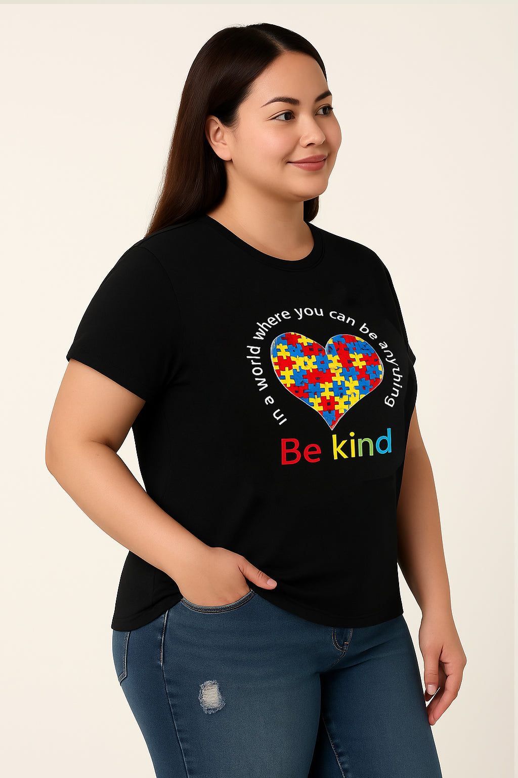 Heart Puzzle Be Kind Letter Print Cotton Plus Size T-Shirt