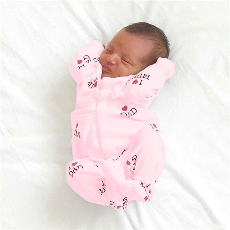 I Love Dad Mum Lovely Solid Letters Printed Long Sleeve Baby Jumpsuit