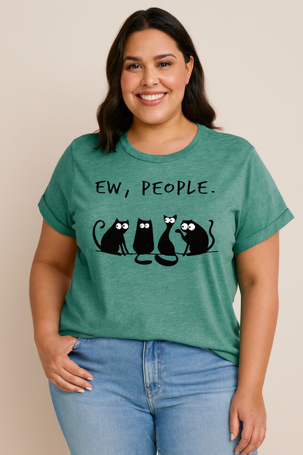 Ew People Cat Cartoon Print Cotton Plus Size T-Shirt