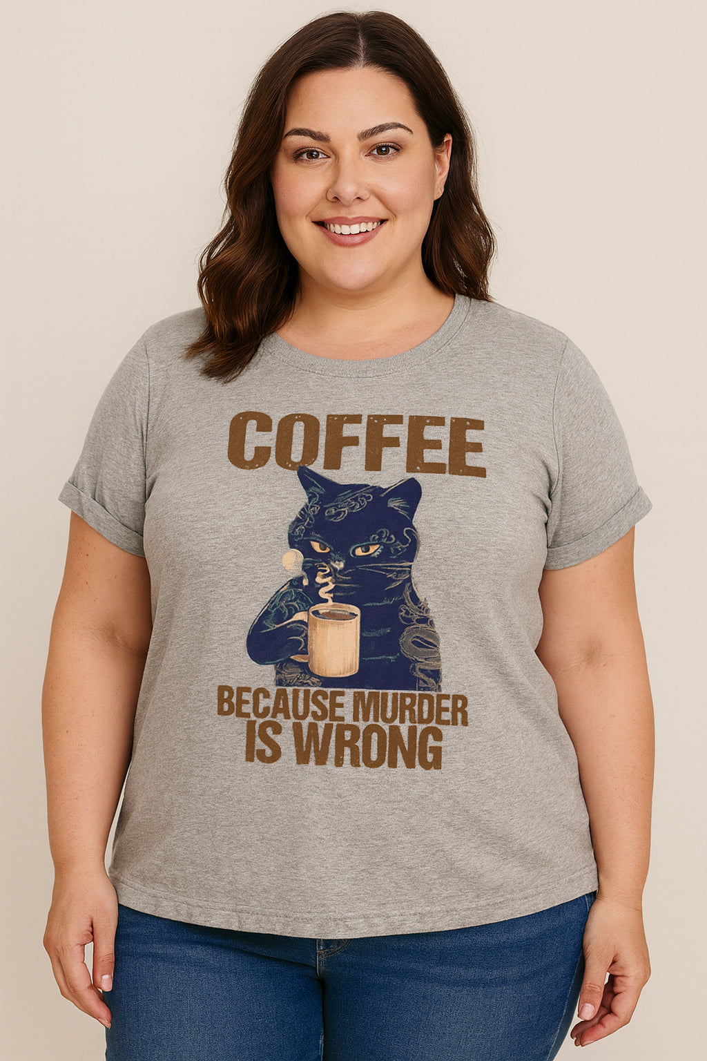 Cat Drinking Coffee Graphic Print Plus Size T-shirt