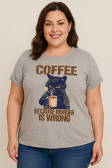 Cat Drinking Coffee Graphic Print Plus Size T-shirt