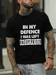 Em minha defesa, fui deixado com estampa de camiseta masculina com slogan 