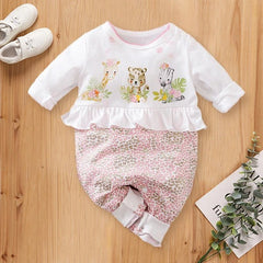 Lovely Three Animals Printed Fold Edge Long-sleeve Baby Girl Jumpsuit