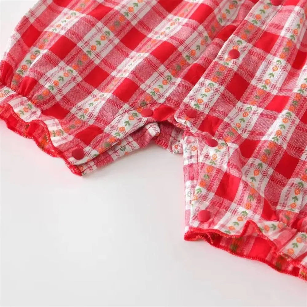 2PCS Pretty Plaid Floral Print Flutter Sleeve Baby Jumpsuit