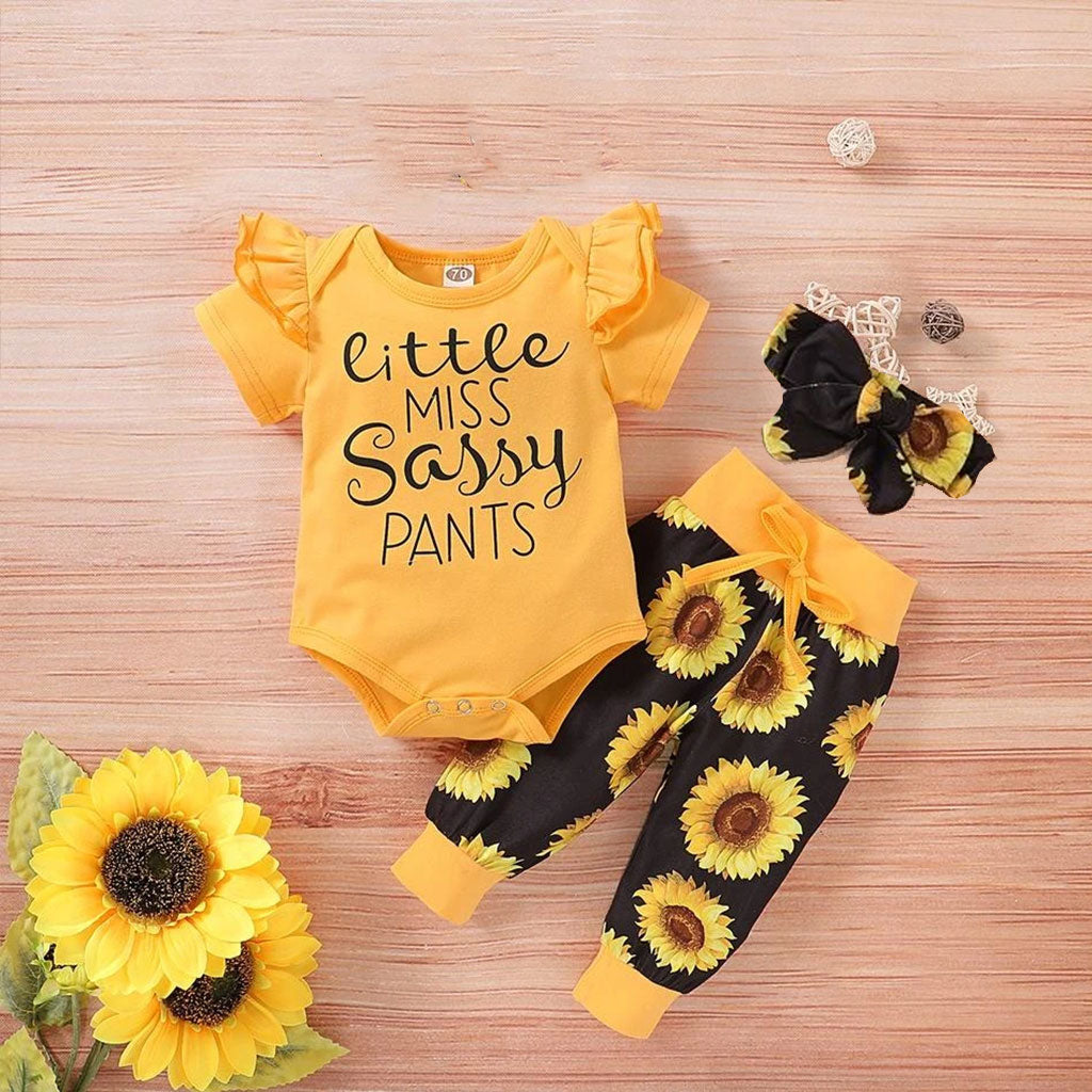 3PCS Sunflower Short Sleeve Letter Printed Bodysuit With Floral Printed Set