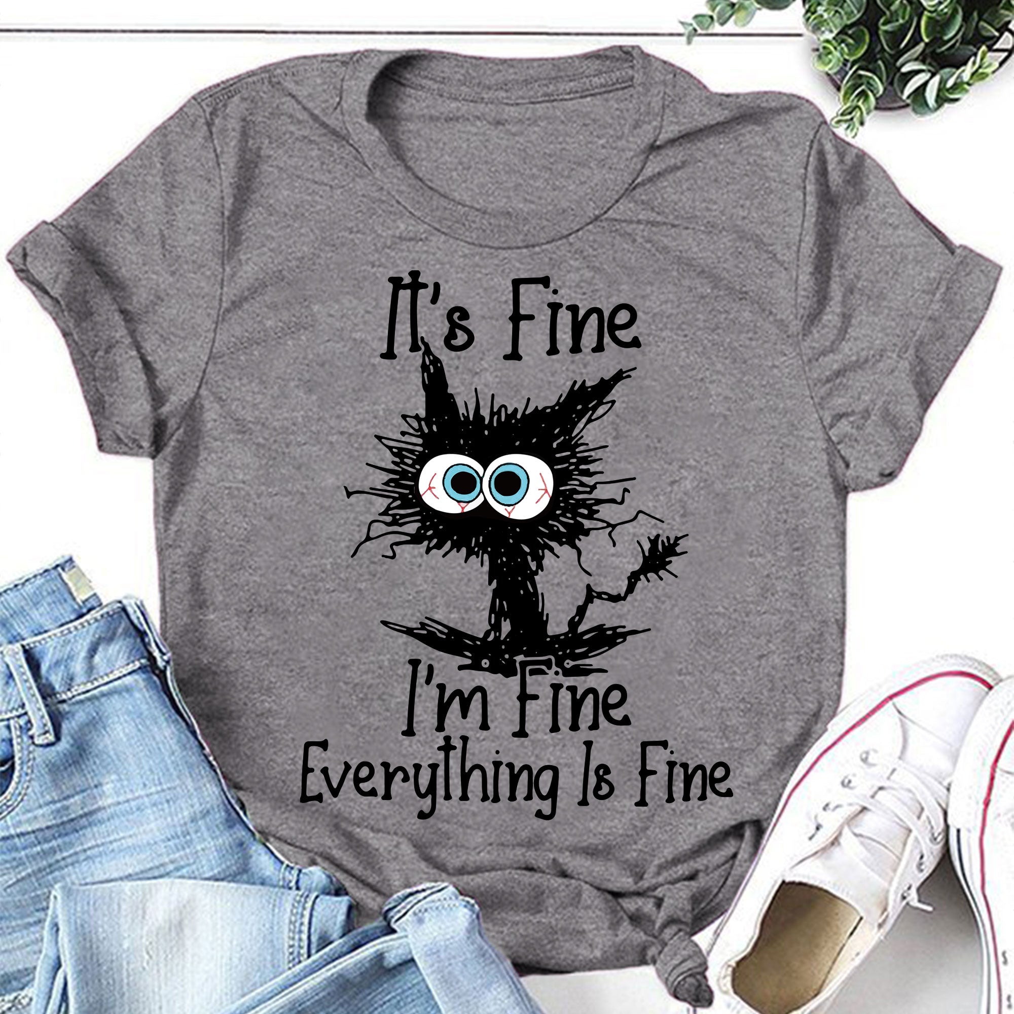 Está tudo bem, estou bem, camiseta com slogan feminino com estampa de gato